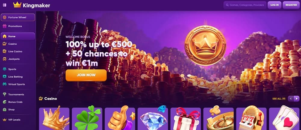 Kingmaker Sportwetten Schweiz-Startseite mit lila Design, Navigationsmenü links und Banner mit dem Angebot '100% bis zu 500 € + 50 Chancen, 1 Mio. € zu gewinnen.' 